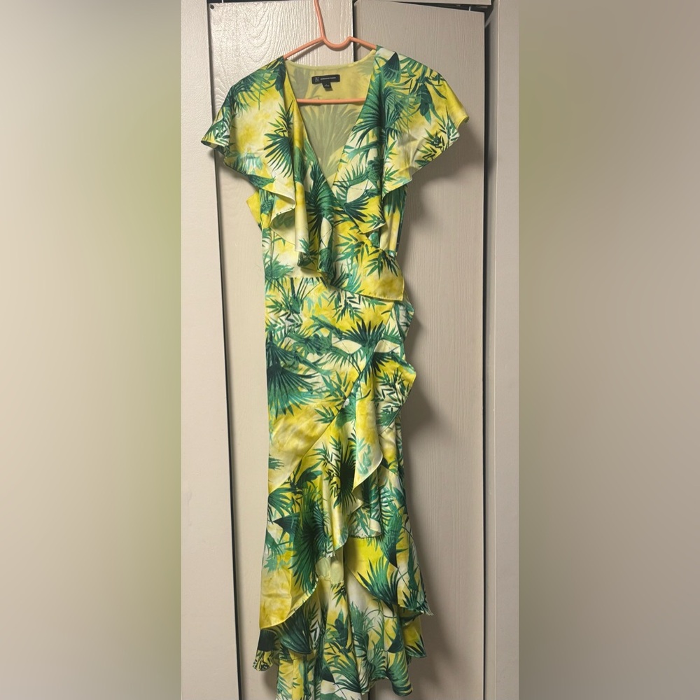 INC International Concepts Leaf Pattern Dress in Yellow and Green Sz L
